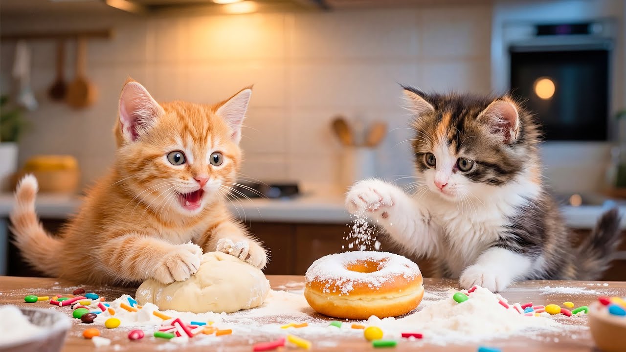 🐱💖 Mother Cat & Kittens Baking Together in the Kitchen – An Adorable Moment