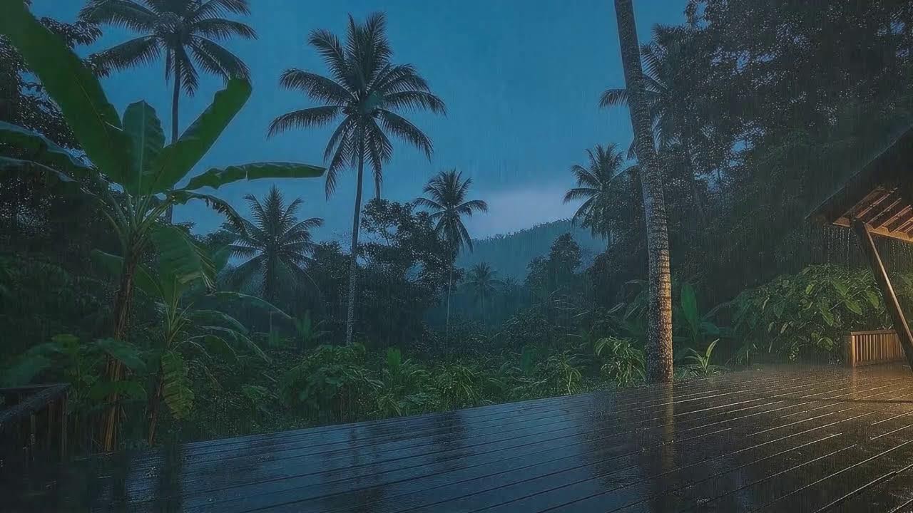 Tropical Rain and Soft Sky Thunder from Forest Cabin for Quick Rest 🌧️
