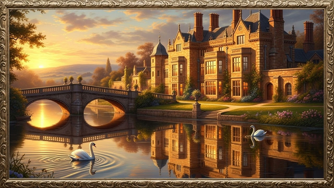 Golden Riverside Estate at Dusk | Serene Reflection Oil Art