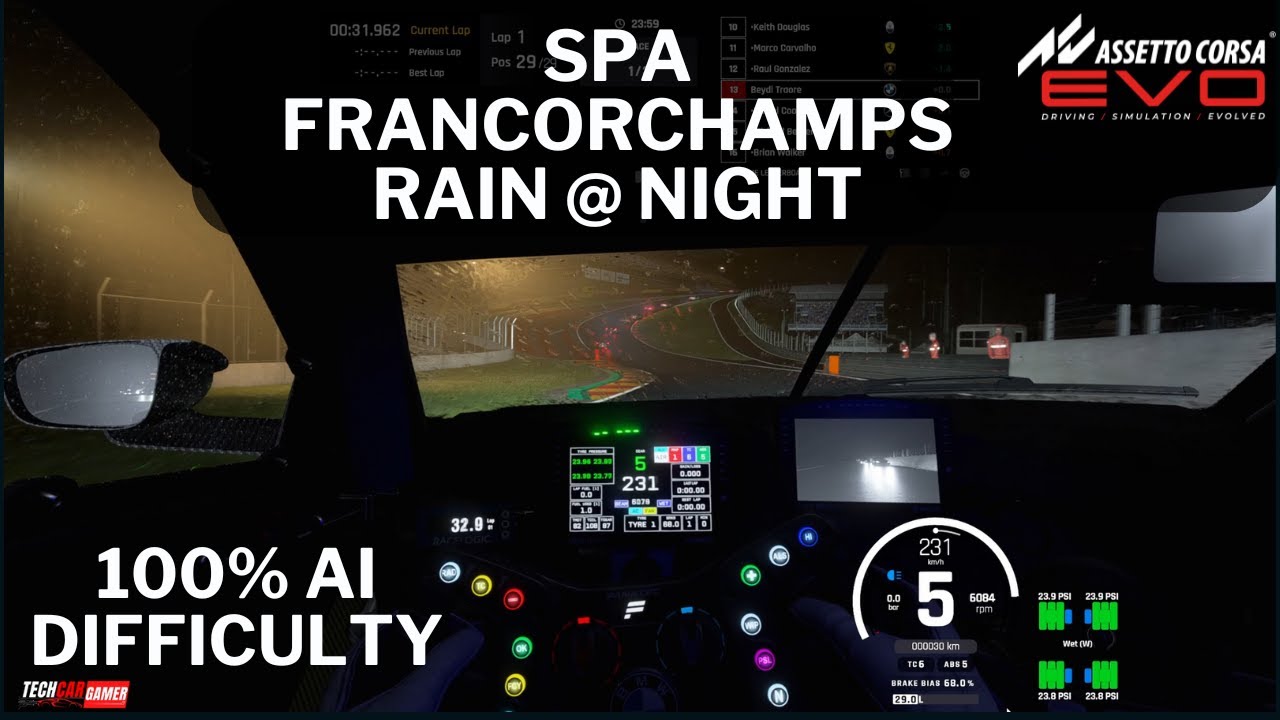 Assetto Corsa Evo  Heavy Rain At night - Spa Francorchamps AI Racing at 100% difficulty!