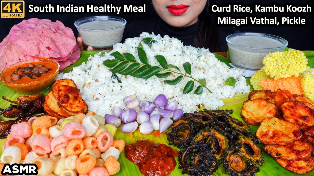 ASMR Curd Rice,Potato Fry,Bitter Gourd Fry,Vatha Kulambu,Papad,Raw Onions ASMR Cooking Eating Video