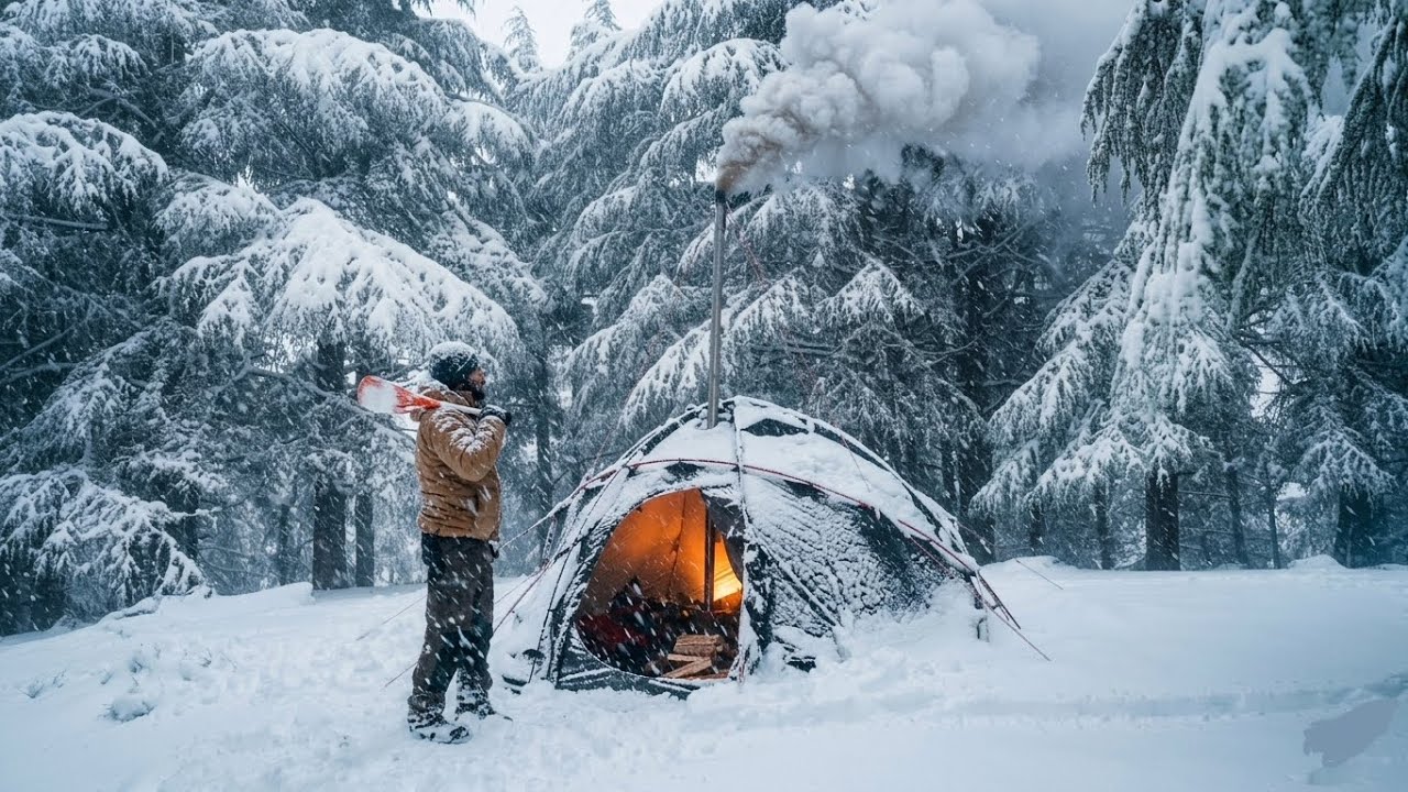 Winter Camping Alone | Wood Stove Heat in Heavy Snow (1 Hour ASMR)