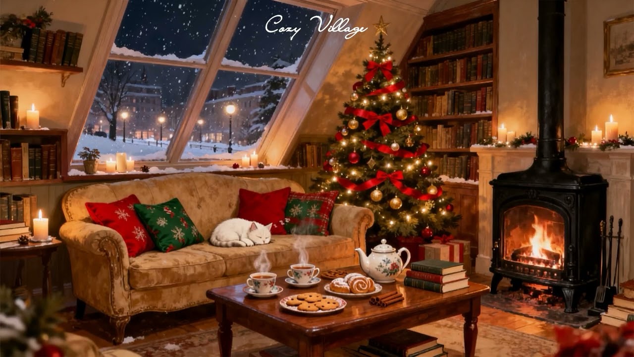 warm christmas night in a 1940s with soft oldies playing in another room (fireplace + cat purr)