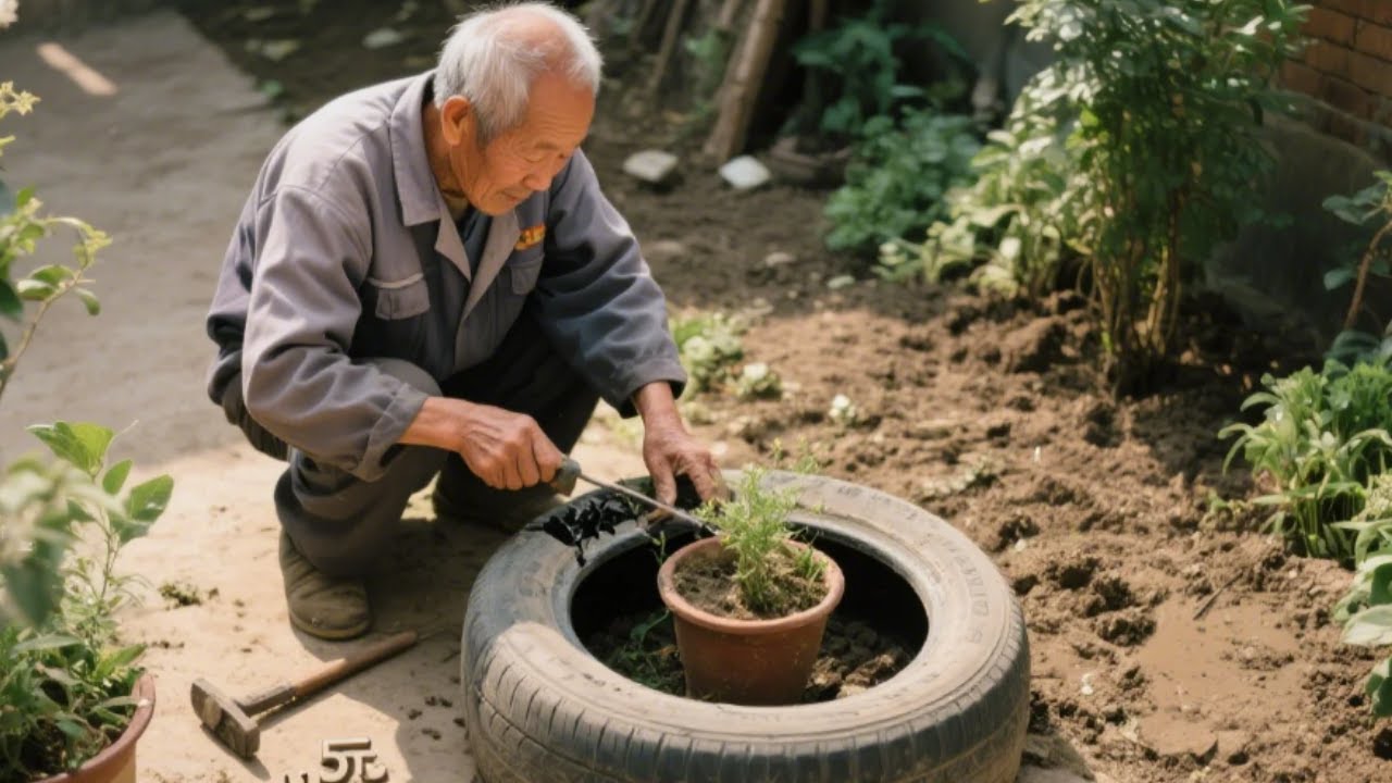 70 岁大爷神操作！15 元用旧轮胎爆改花盆，重现奶奶二十年前碰盆技艺