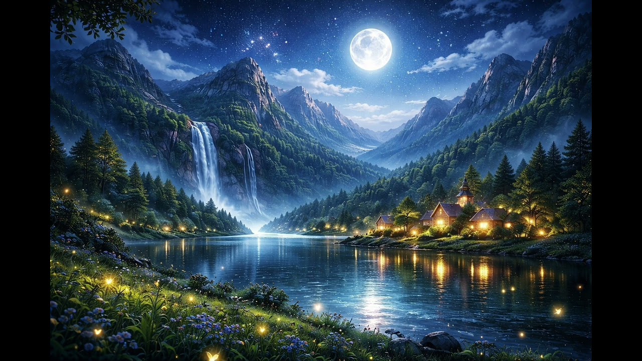 “Midnight Waterfall Village 🌙 Calm Lofi Music for Studying, Relaxing & Deep Focus”