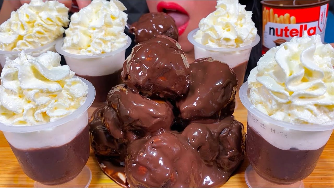 ASMR PROFITEROLE CAKE, CHOCOLATE PUDDING + WHIPPED CREAM, NUTELLA & GO MUKBANG MASSIVE Eating Sounds