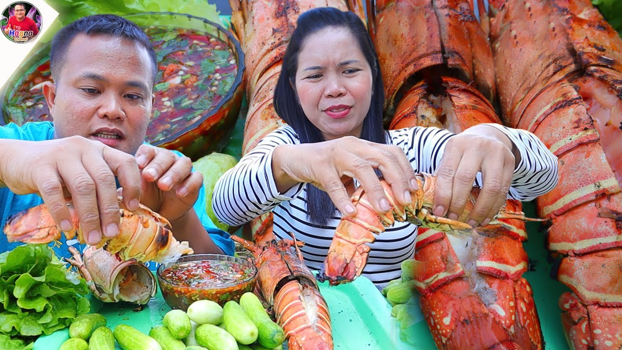 กุ้งมังกรย่างตัวใหญ่หอมๆ แกล้มน้ำจิ้มเหนียวแซ่บๆ กับสาวสี