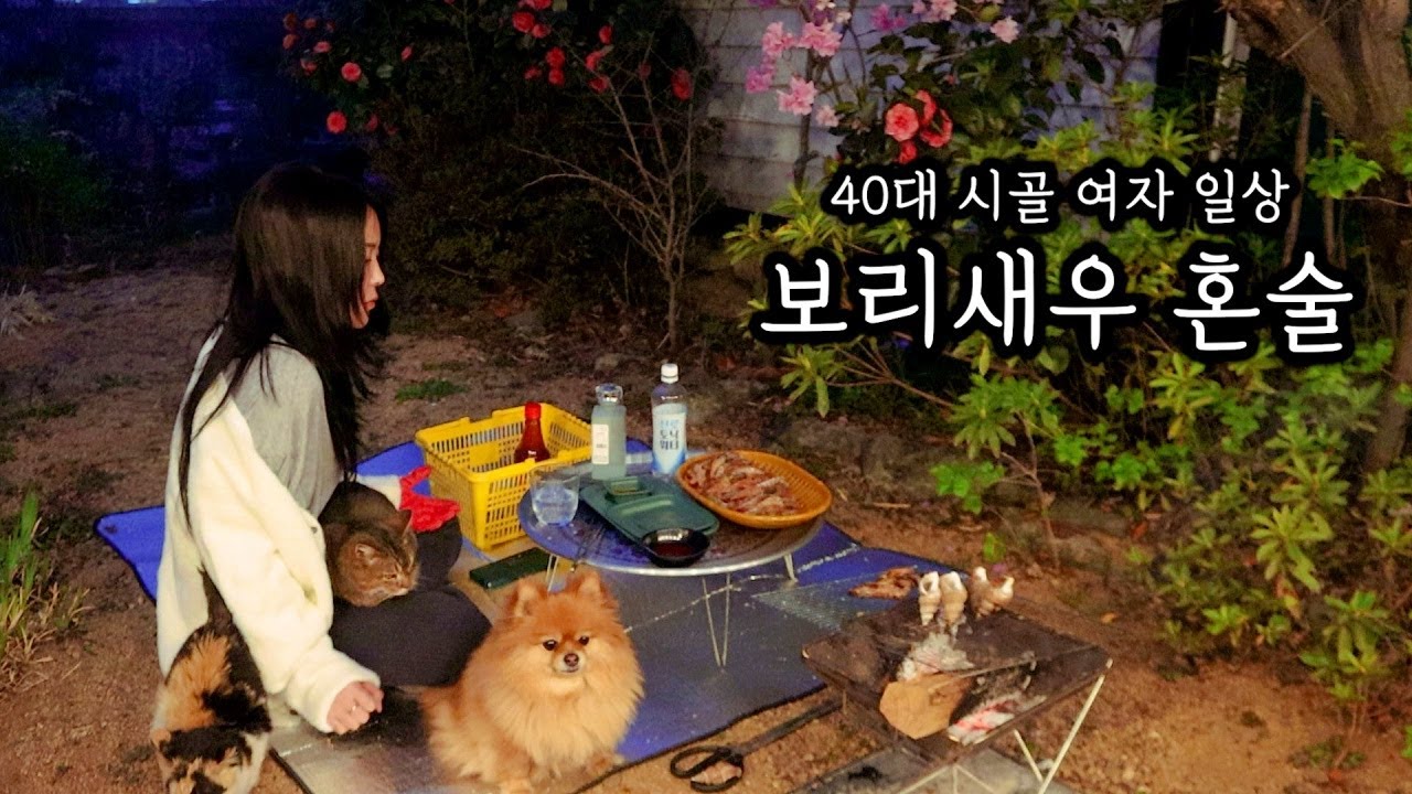 40대 시골 여자ㅣ장작불에 보리새우 & 고추골뱅이 구워서 혼술 ( ft. 돼지, 뽀야,점순 삼총사)ㅣ꽃구경오세요!!
