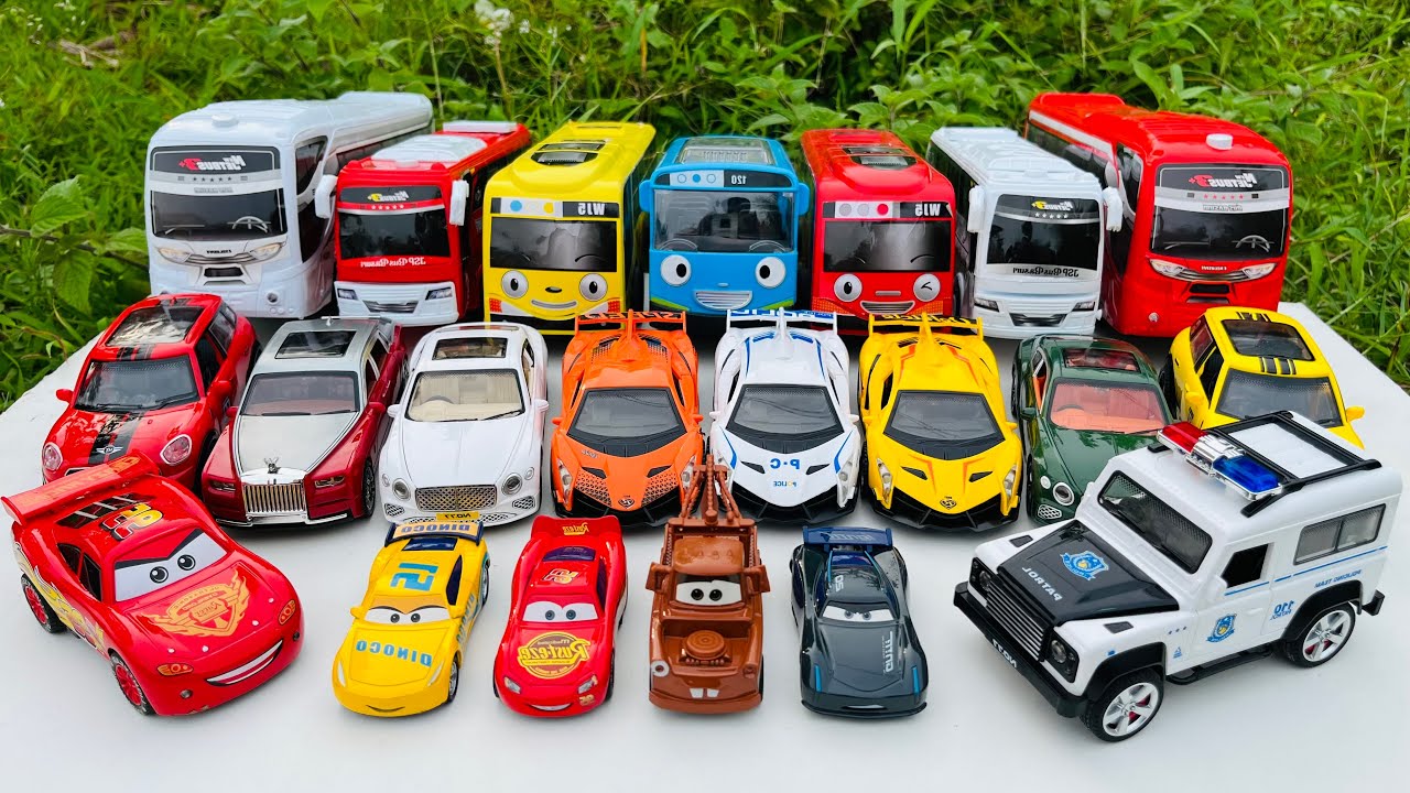 Unboxing toy cars trucks, Tayo, Police cars, Lightning McQueen, Doc Hudson, Sally Carrera, Crus #550
