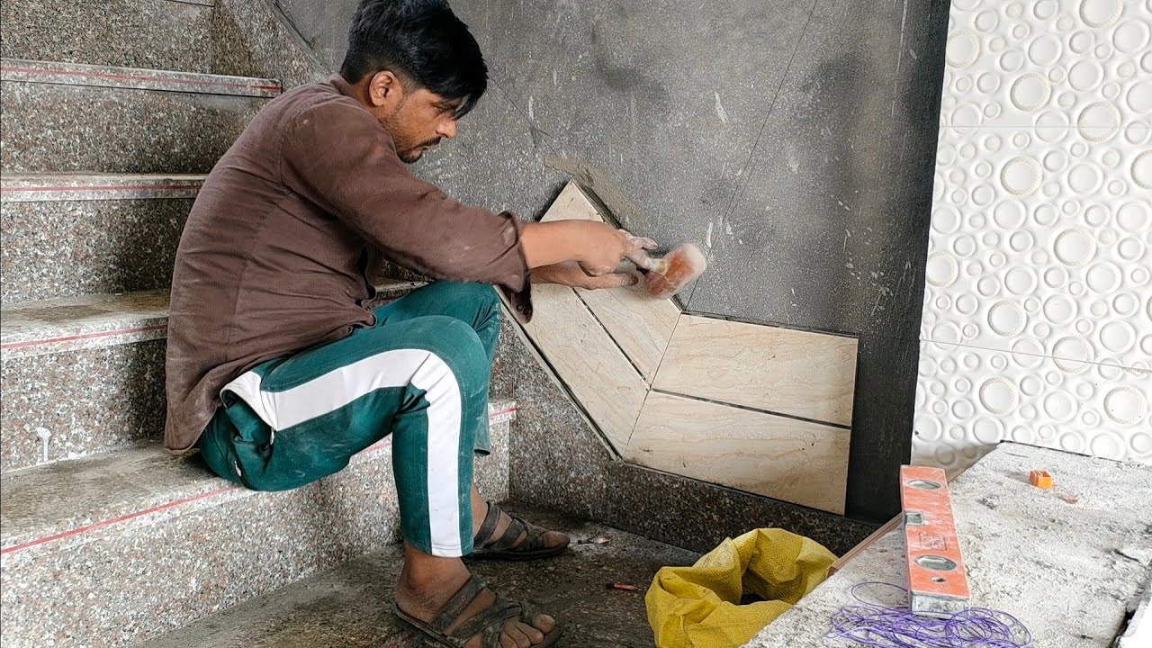 special tiles cutting right line joint and installation wall tiles stair