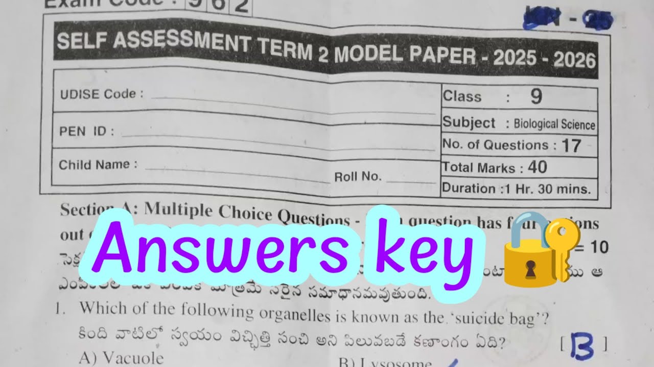💯9th class biology SA2 self assessment term 2 real question paper with full key 