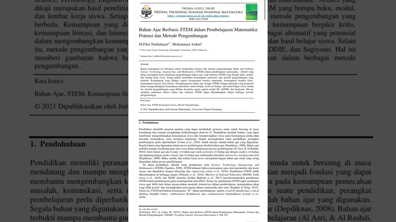 Review Jurnal, Bahan Ajar Berbasis STEM dlm Pembelajaran Matematika: Potensi dan Metode Pengembangan