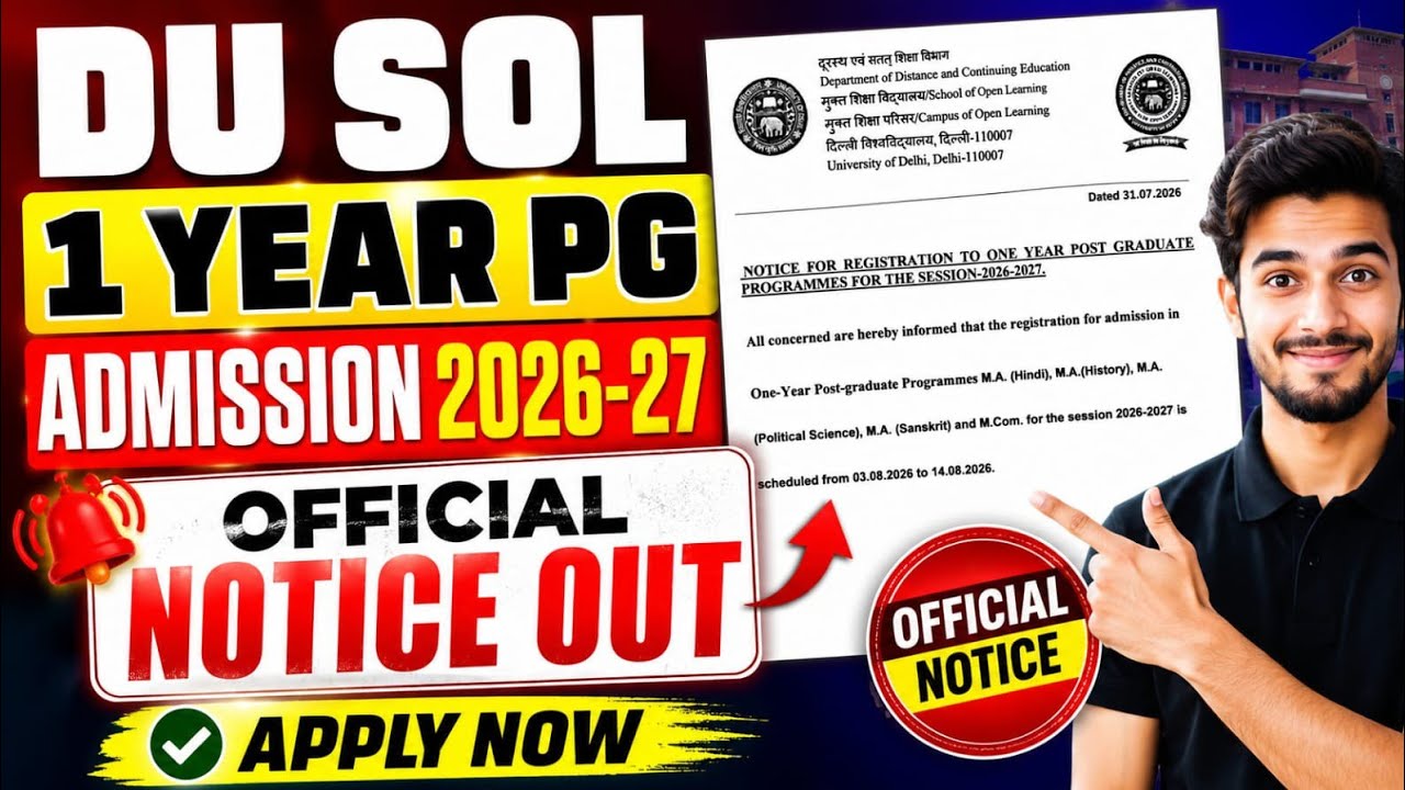 DU SOL 1-Year PG Admission 2026-27 Official Notice - Apply Now