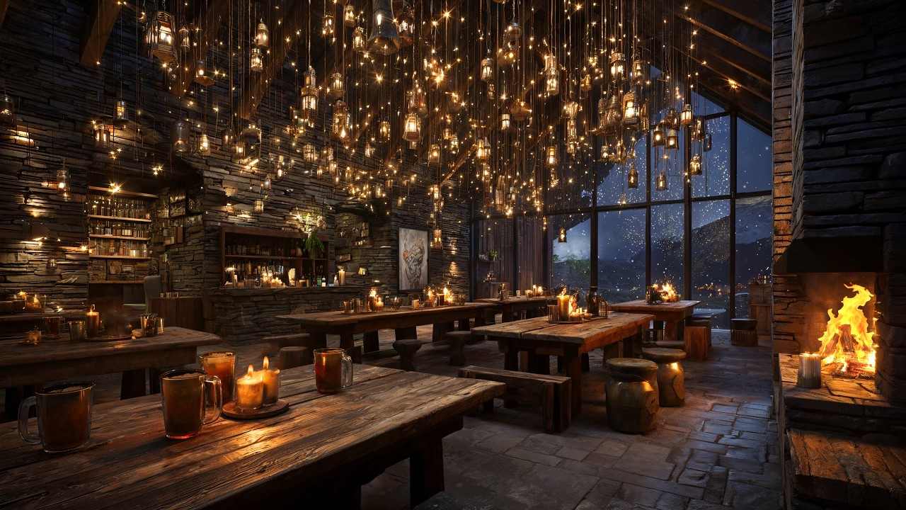 Cozy Welsh Mountain Pub Ambience 🔥 Fireplace & Snowy Mountains | Celtic Music | 4K