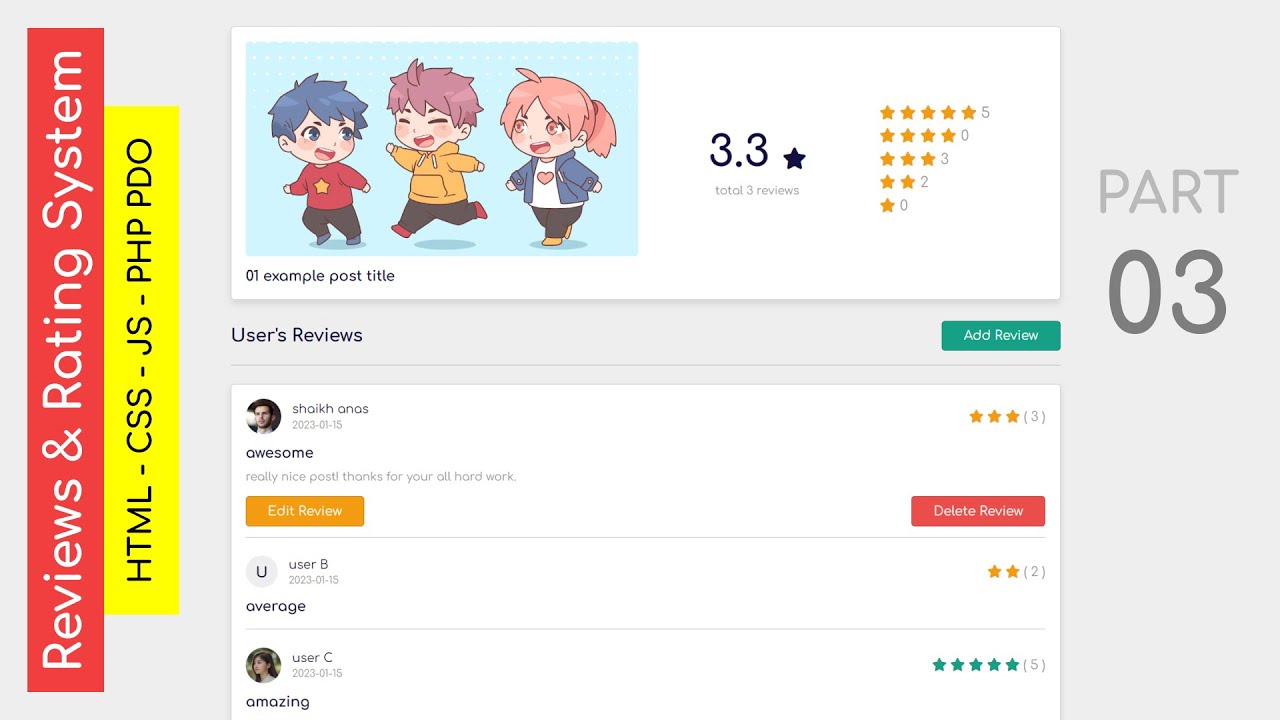 PHP Reviews & Rating System - [ P 03 ] - Reviews CRUD