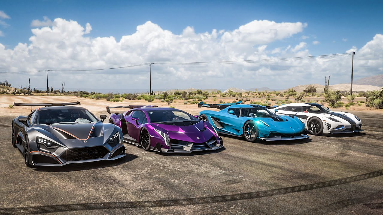 Forza Horizon 5 Drag race: Koenigsegg Jesko vs Zenvo TSR-S 1600hp vs Agera RS vs Veneno (1500hp)