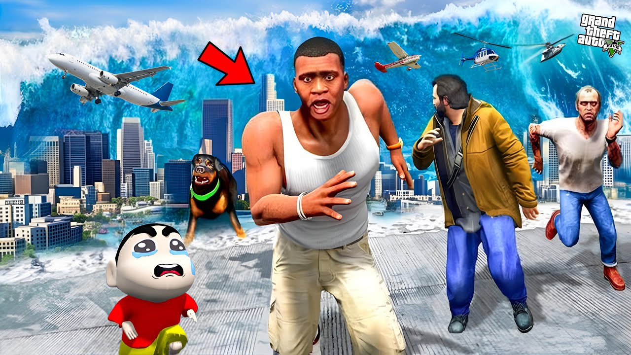 Franklin Survived The Biggest Tsunami End Of Los Santos in GTA 5 | SHINCHAN and CHOP