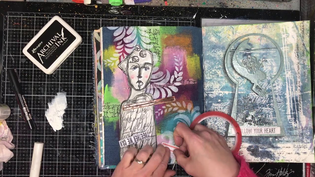 New Dina Wakley August Release:  Simple collage on denim
