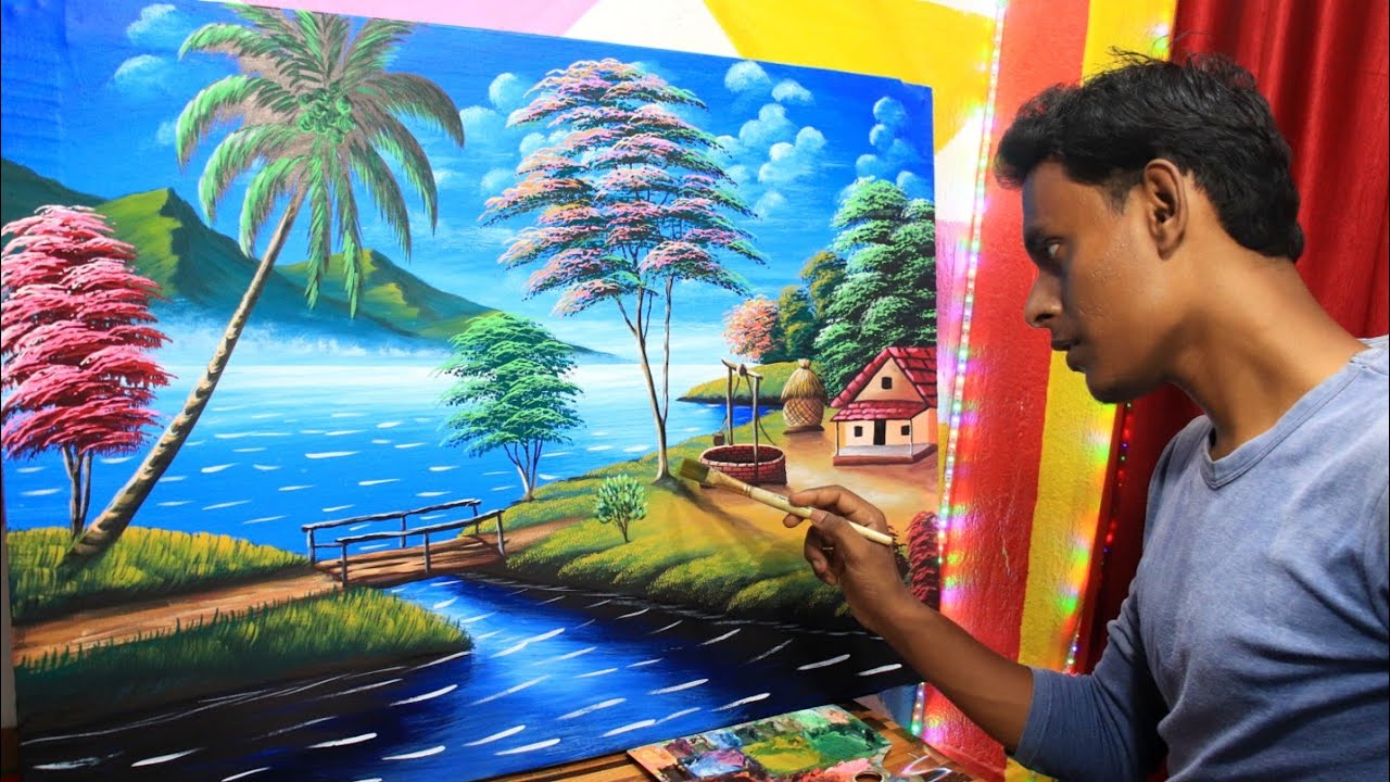Indian village scenery drawing painting | landscape nature drawing | painting scenery