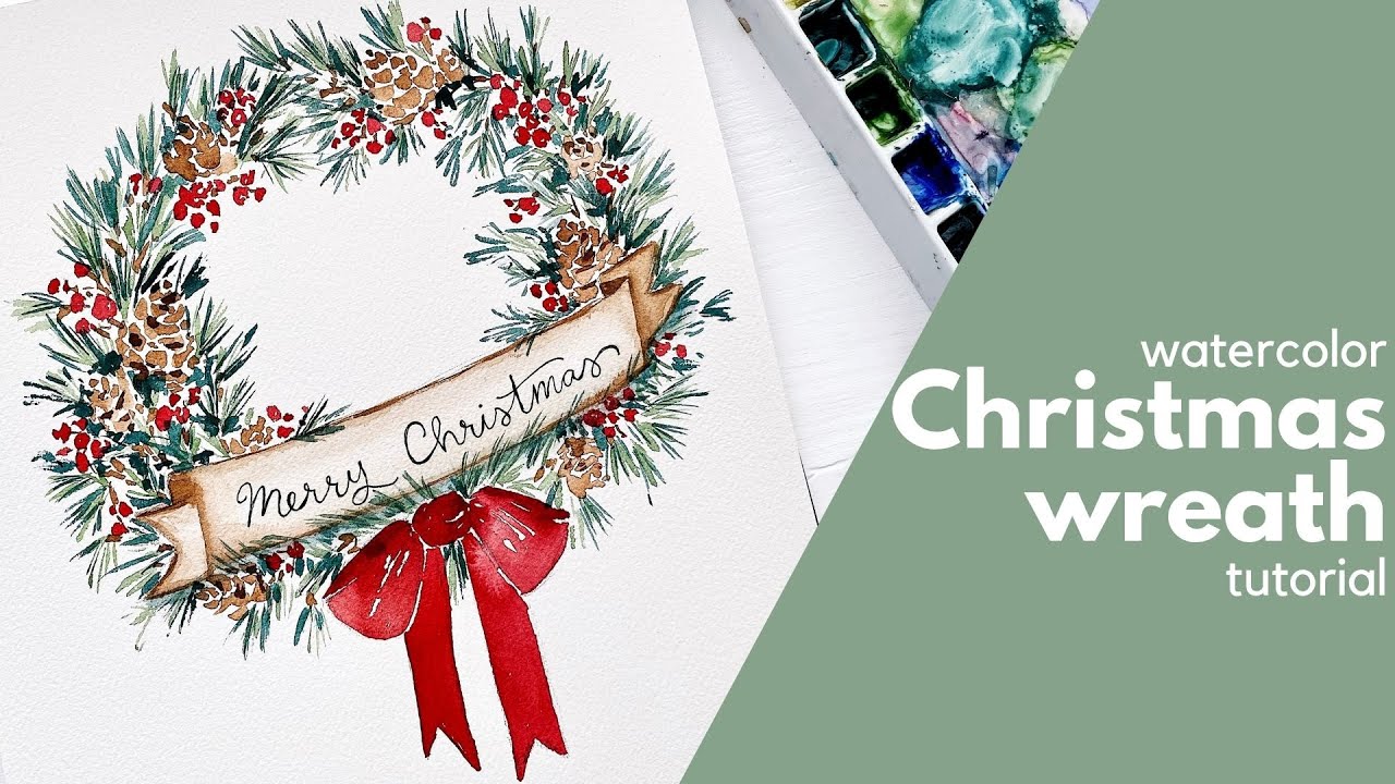 Watercolor Christmas wreath - holiday card tutorial