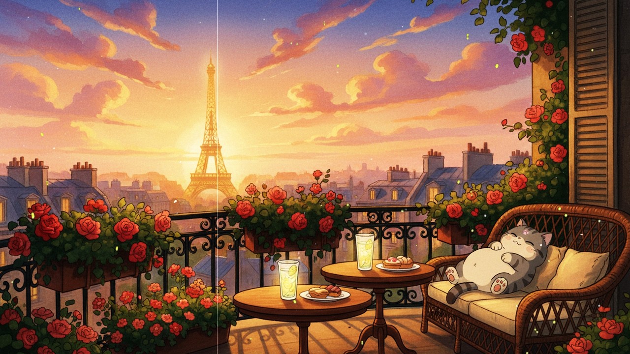 Warm 1950s paris sunset 🌹 with vintage oldies playing in another room for unwind, sleep, study