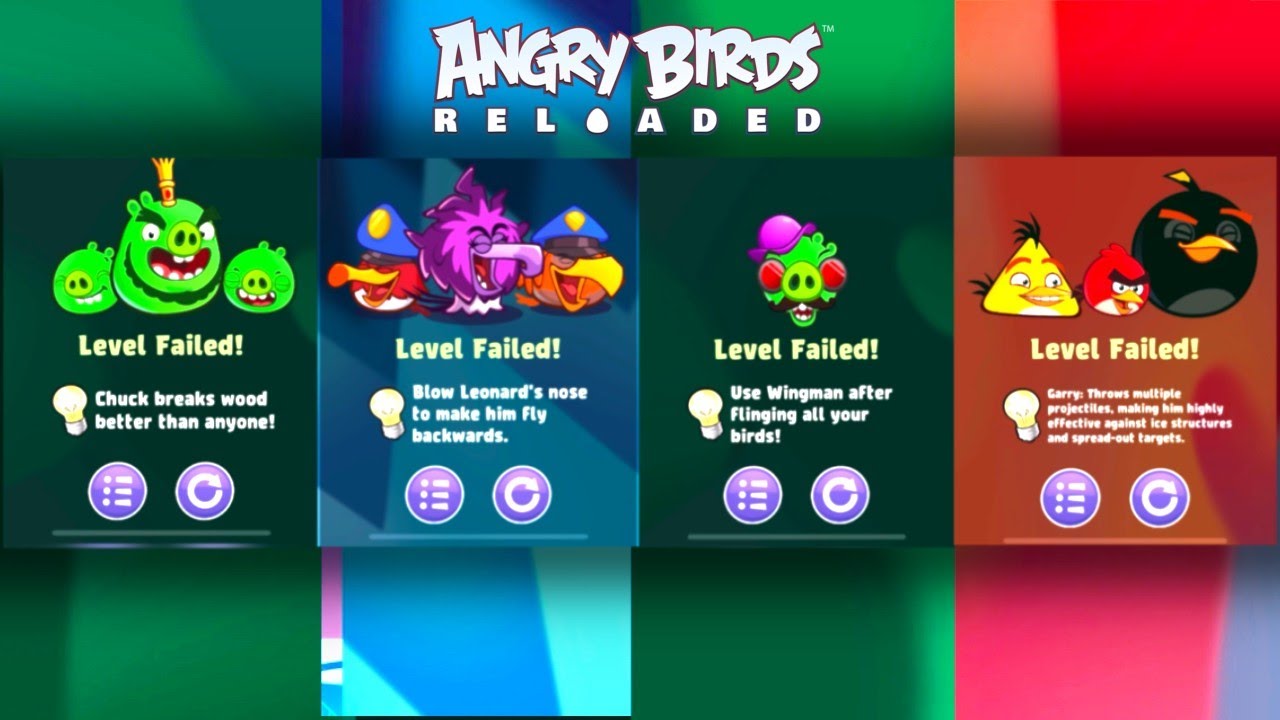 Angry Birds Reloaded — все экраны провала уровня + битвы с боссами