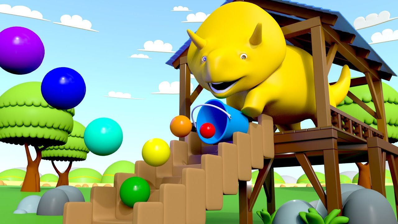 Dino joga bolas saltitantes e aprende as cores! - Aprenda com Dino o Dinossauro l Aprender português