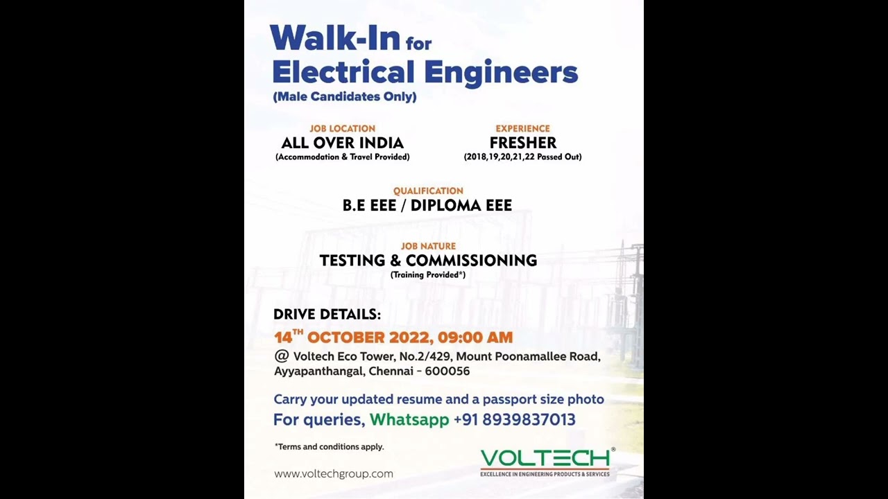 🔥 Walk-in Interview for B.E / Diploma Electrical Engineer @Chennai | Freshers job 🔥