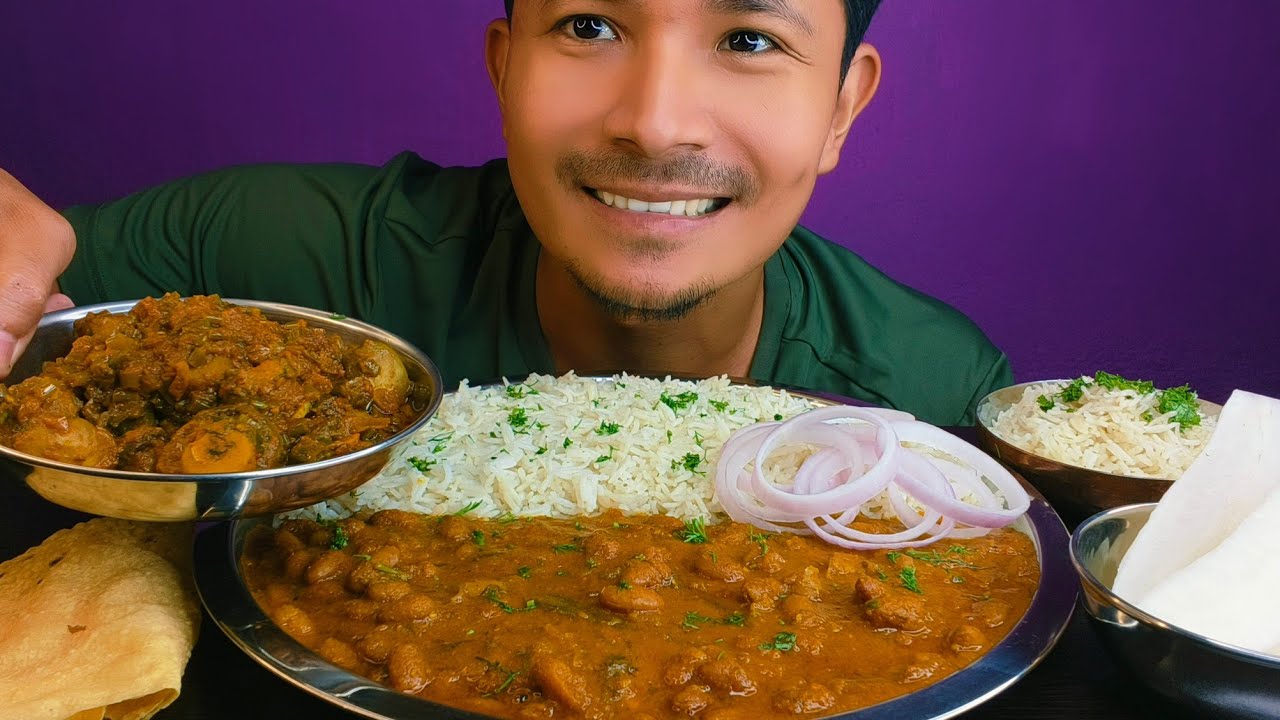 Eating Rajma Chawal | Spicy Mushroom gravy | Papad | Salad | Eating Show 