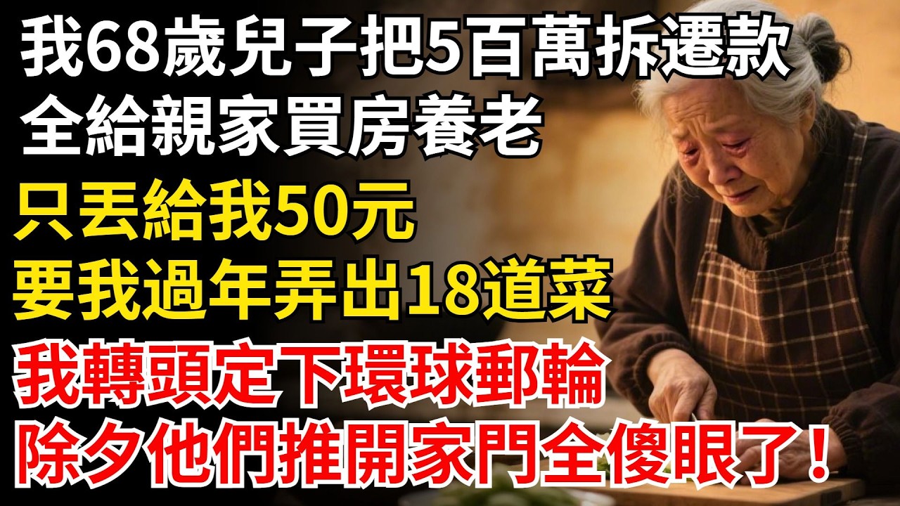 我68歲兒子把500萬拆遷款，全給親家買房養老，只丟給我50元，要我過年弄出18道菜，我轉頭定下環球郵輪，除夕他們推開家門全傻眼了！#晚年生活#中老年生活#為人處世#生活經驗#情感故事#幸福人生
