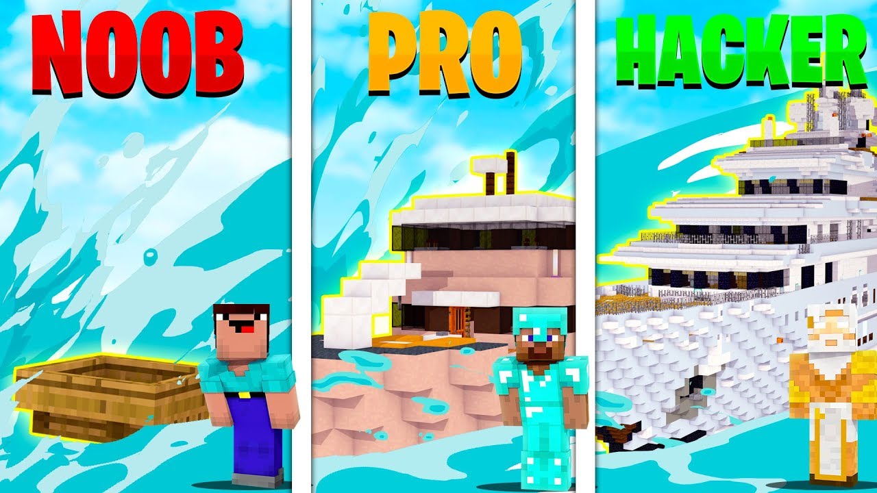Minecraft - GIANT TSUNAMI CHALLENGE (NOOB VS PRO VS HACKER)