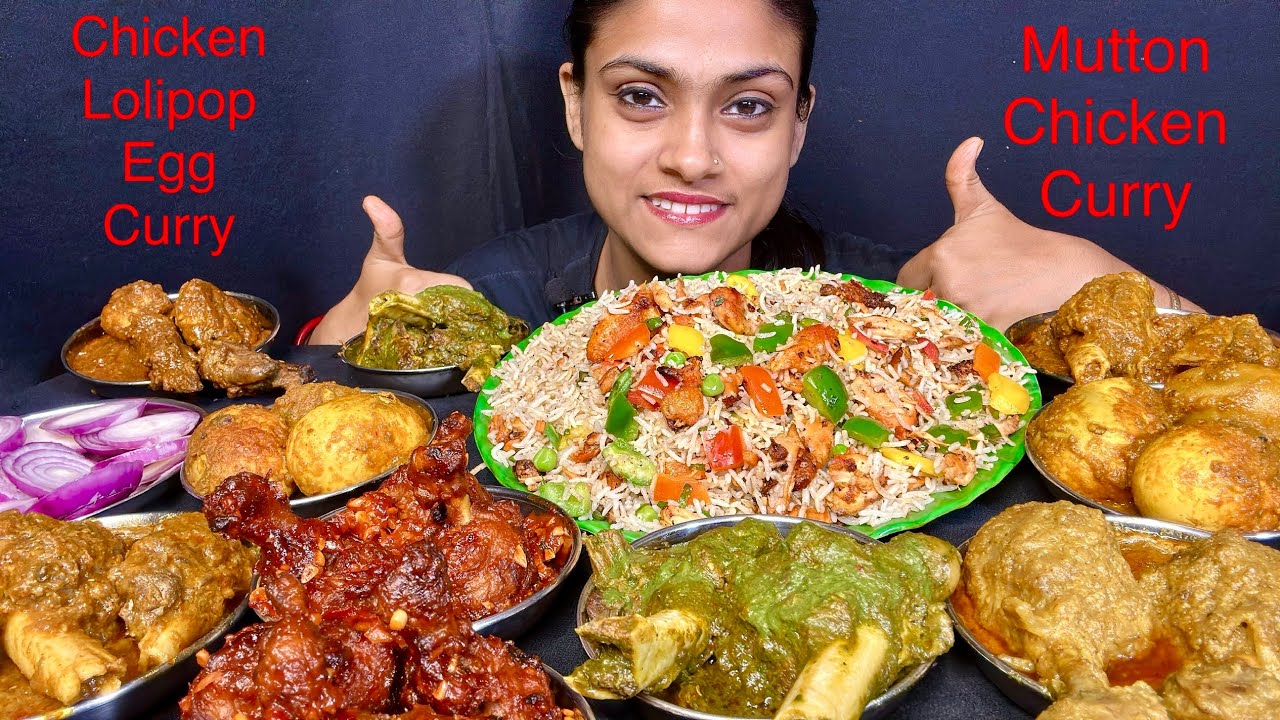 Spicy Mutton Curry Spicy Chicken Curry And Spicy Egg Curry With Chicken Fried Rice Lolipop Eating