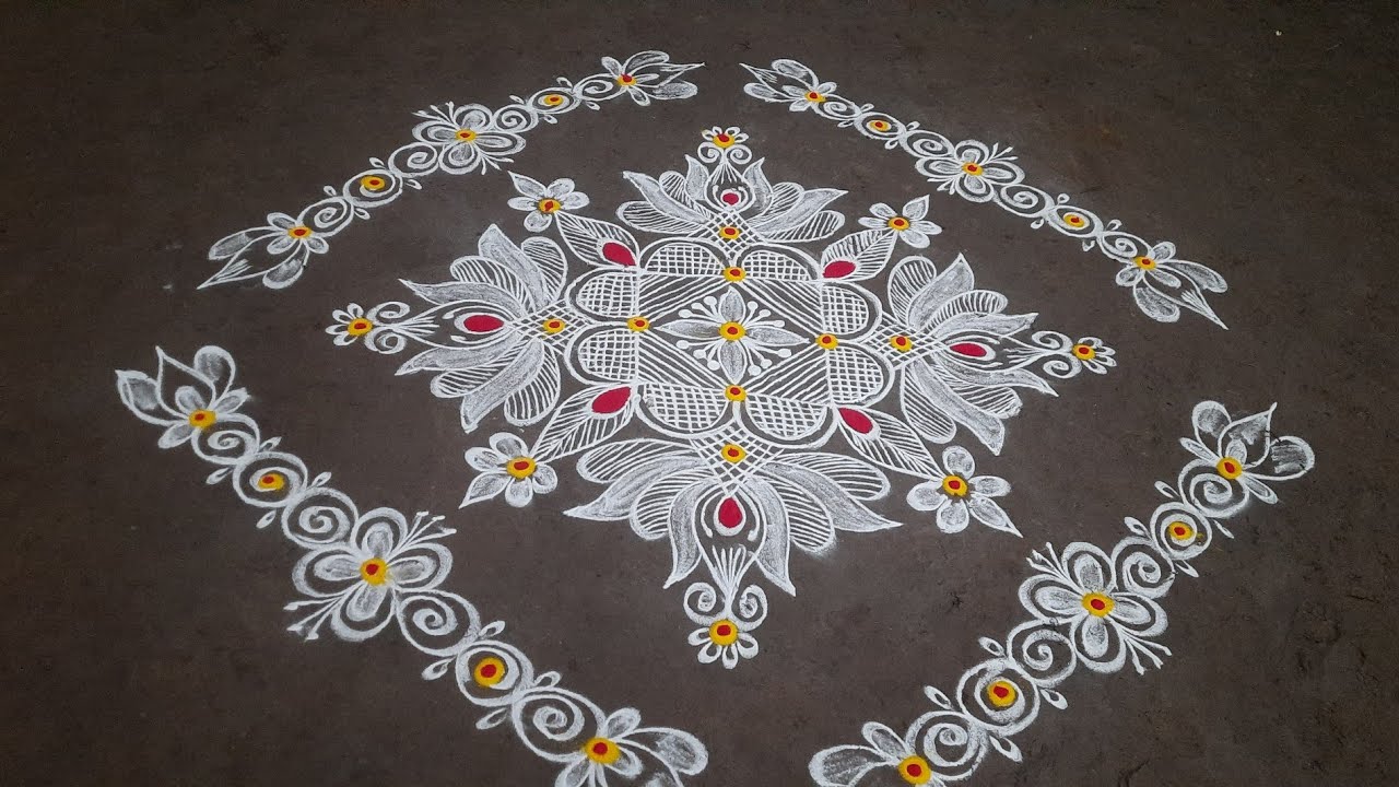 2 types Friday  lotus rangoli designs with side border designs //festival muggulu 