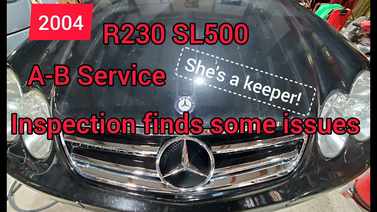 Inspection of a 2004 Mercedes R230 SL500 plus A and B service. Finding and listing issues.