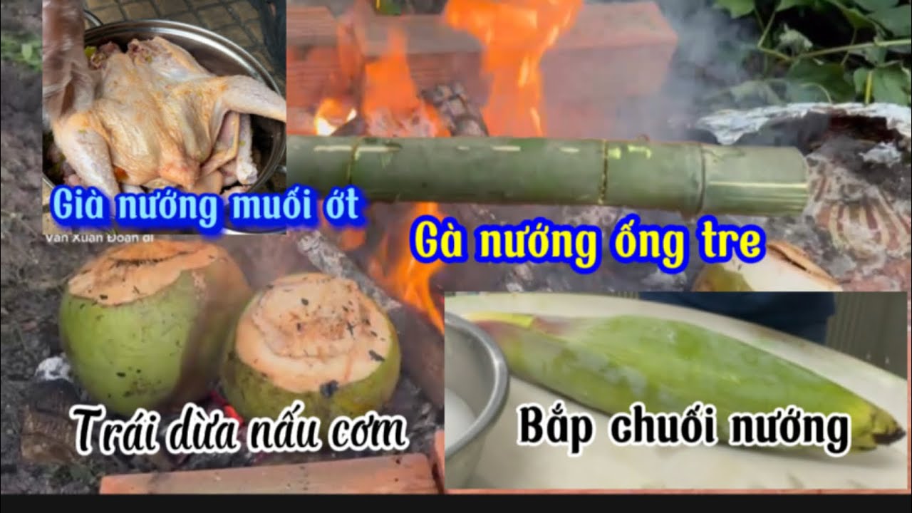 Các món nướng độc lạ, trái dừa nướng cơm, bắp chuối nướng, gà nướng ống tre ...!