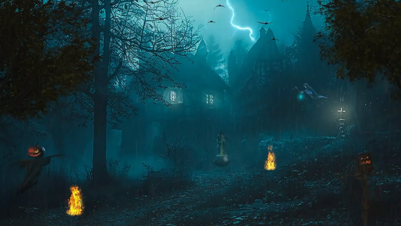 Haunted House Halloween Ambience with Relaxing Nature Sounds & Thunderstorm⚡