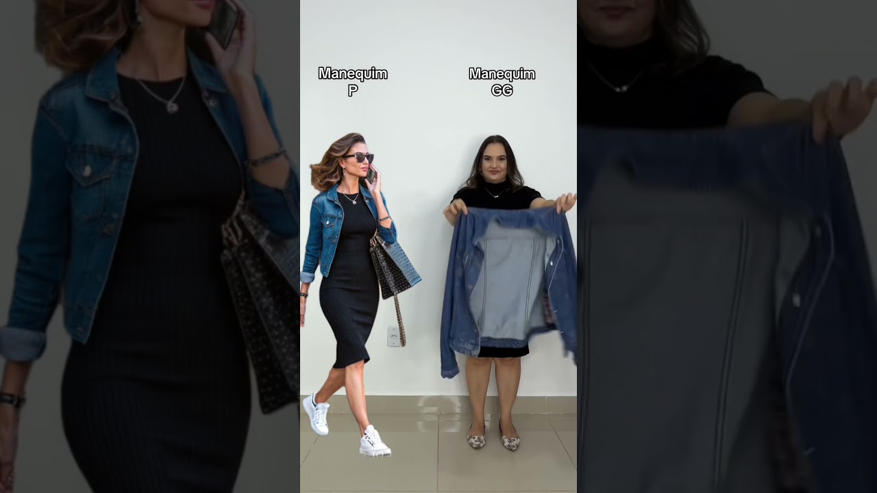Look casual dia a dia b&aacute;sico com vestido preto e jaqueta jeans #moda #plussize #modaplussize