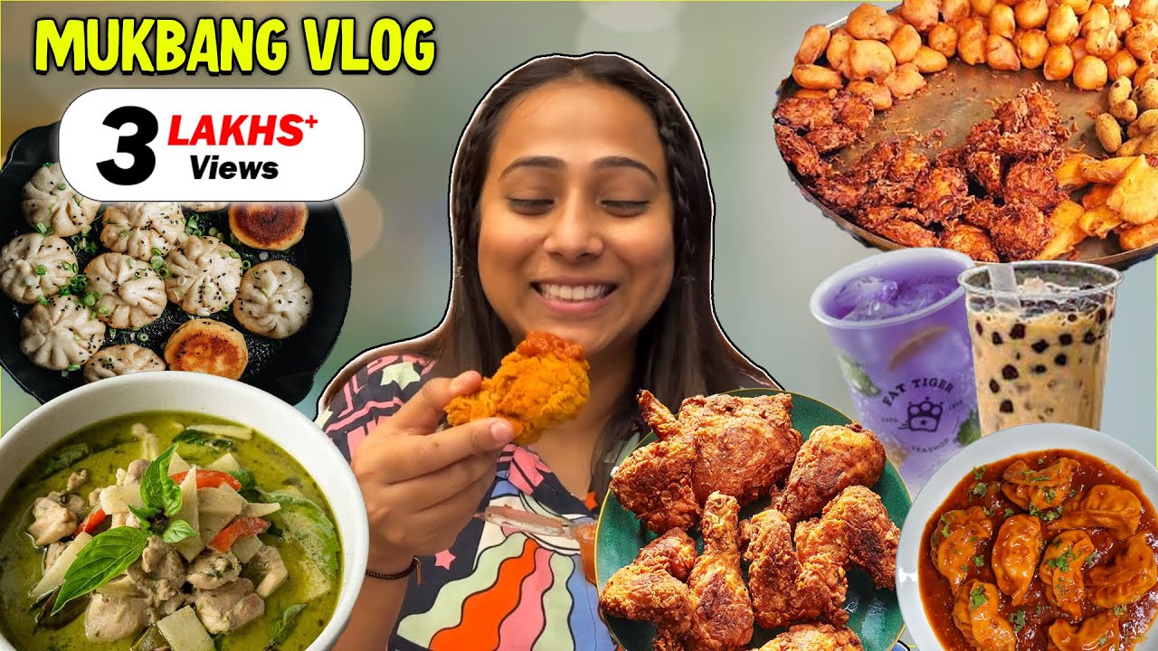 MUKBANG 😋 Fried Chicken, Chilly Momo, Tele Bhaja, Baozi, Boba Tea, & more | Rainy Day Food Vlog