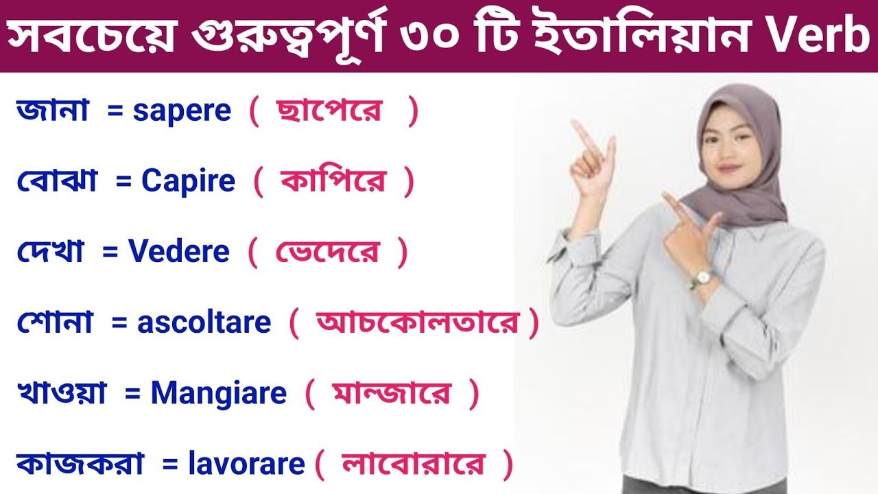 সবচেয়ে গুরুত্বপূর্ণ ৩০টি ইতালিয়ান Verb বলা শিখুন। ইতালিয়ান ভাষার ক্রিয়া/ Verb Italian Verb Class-1