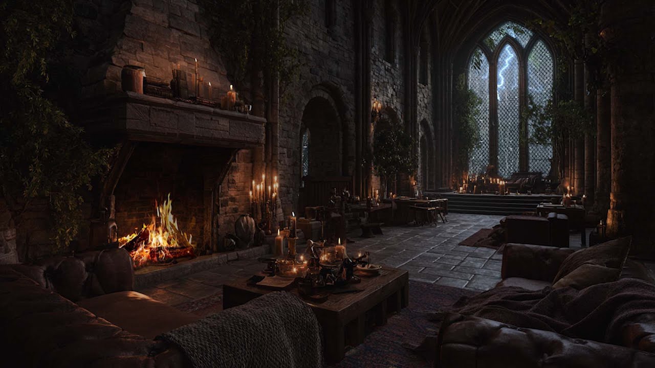 Medieval Castle Ambience – Relaxing Rain, Thunder & Cozy Fireplace Sounds for Deep Sleep