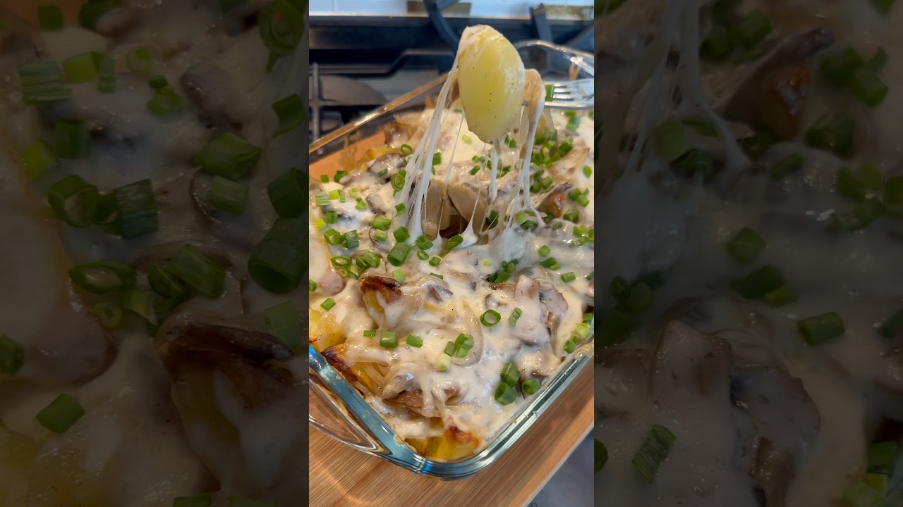 Oven-baked potatoes with mushrooms, onions and cheese👌🤗 #cooking #potato #mushroom #recipe #baking