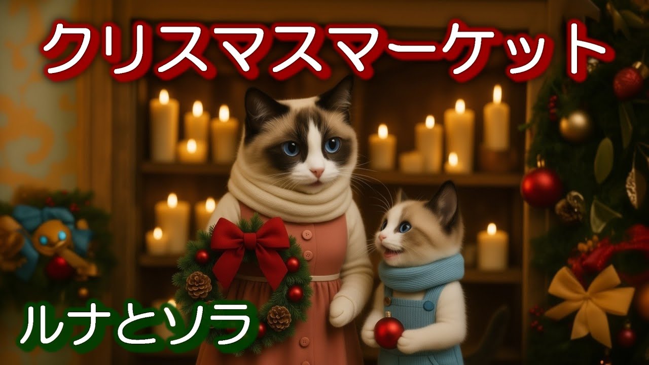 ママ猫と子猫がクリスマスマーケットで見つけた冬のきらめき✨（ルナとソラ）