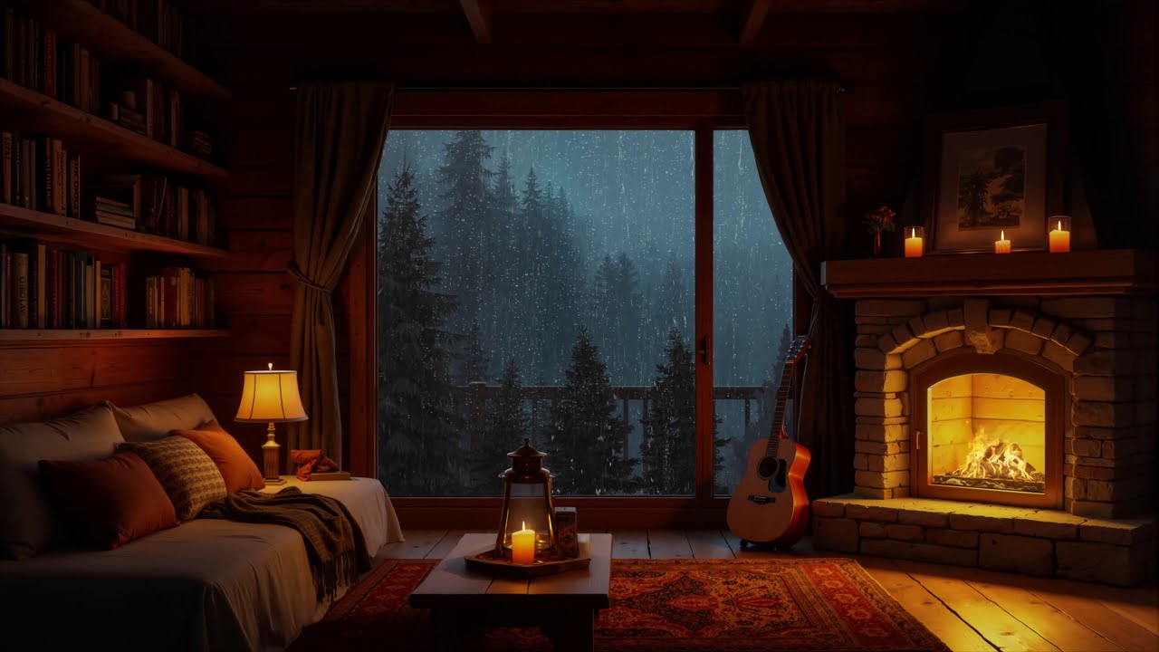 Best Sleep Aid for Insomnia | Heavy Rain on Window in Cozy Bedroom with Crackling Fireplace