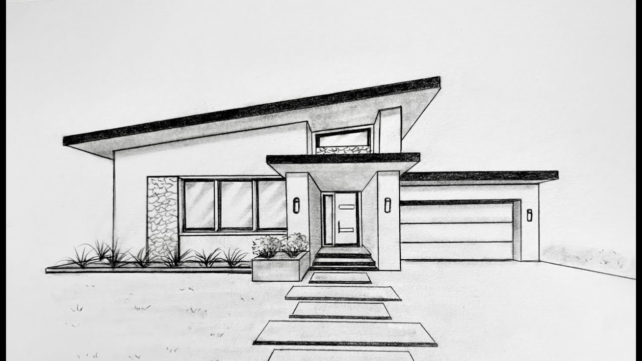 How to draw a simple house in one point perspective step by step