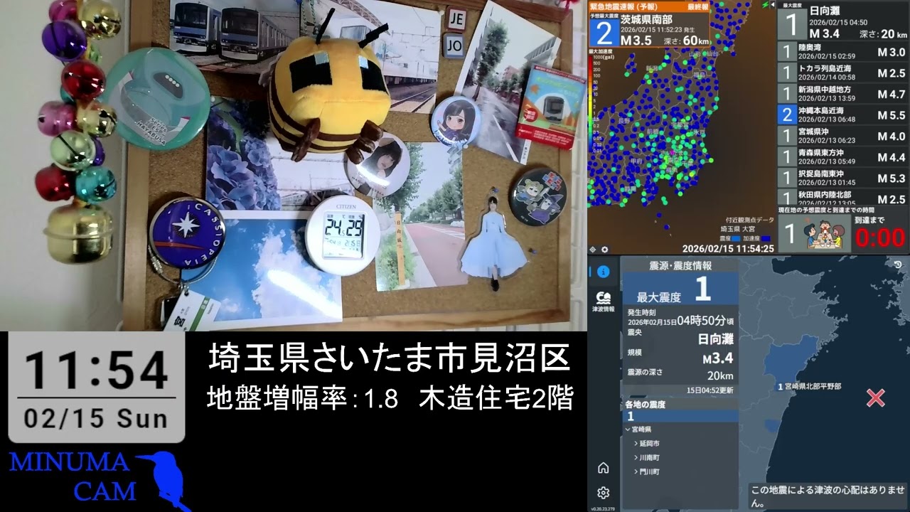 【見沼区震度1】2026/02/15 11:52　茨城県南部（M3.7）最大震度2