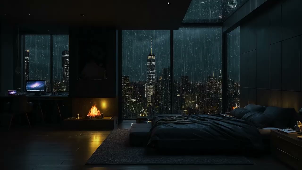 (No Ads)🌧️Manhattan High-Rise Rain Night | Window City Glow Ambience for Sleep & Relaxation