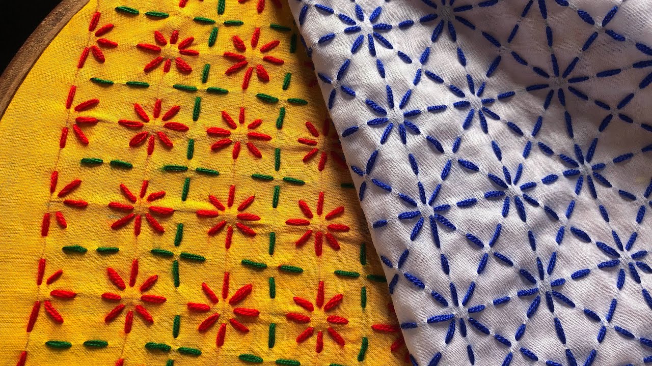 সবথেকে সহজ নকশি কাঁথা সেলাই ডিজাইন ||২রকমের বকুল ফুল নকশি কাঁথা আঁকা ও সেলাই||Nokshi Khama design ||