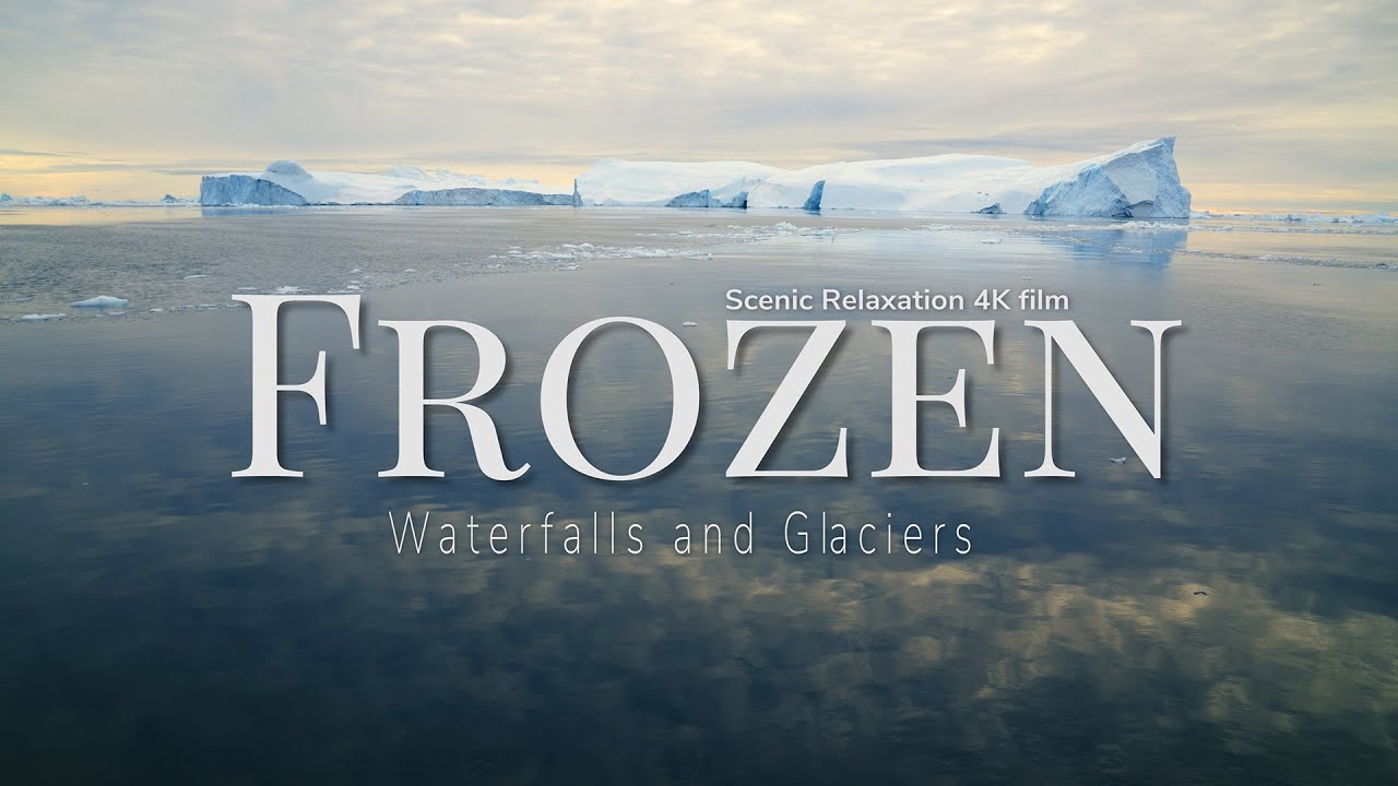 World of winter waterfalls and icebergs. Relaxing 4k film