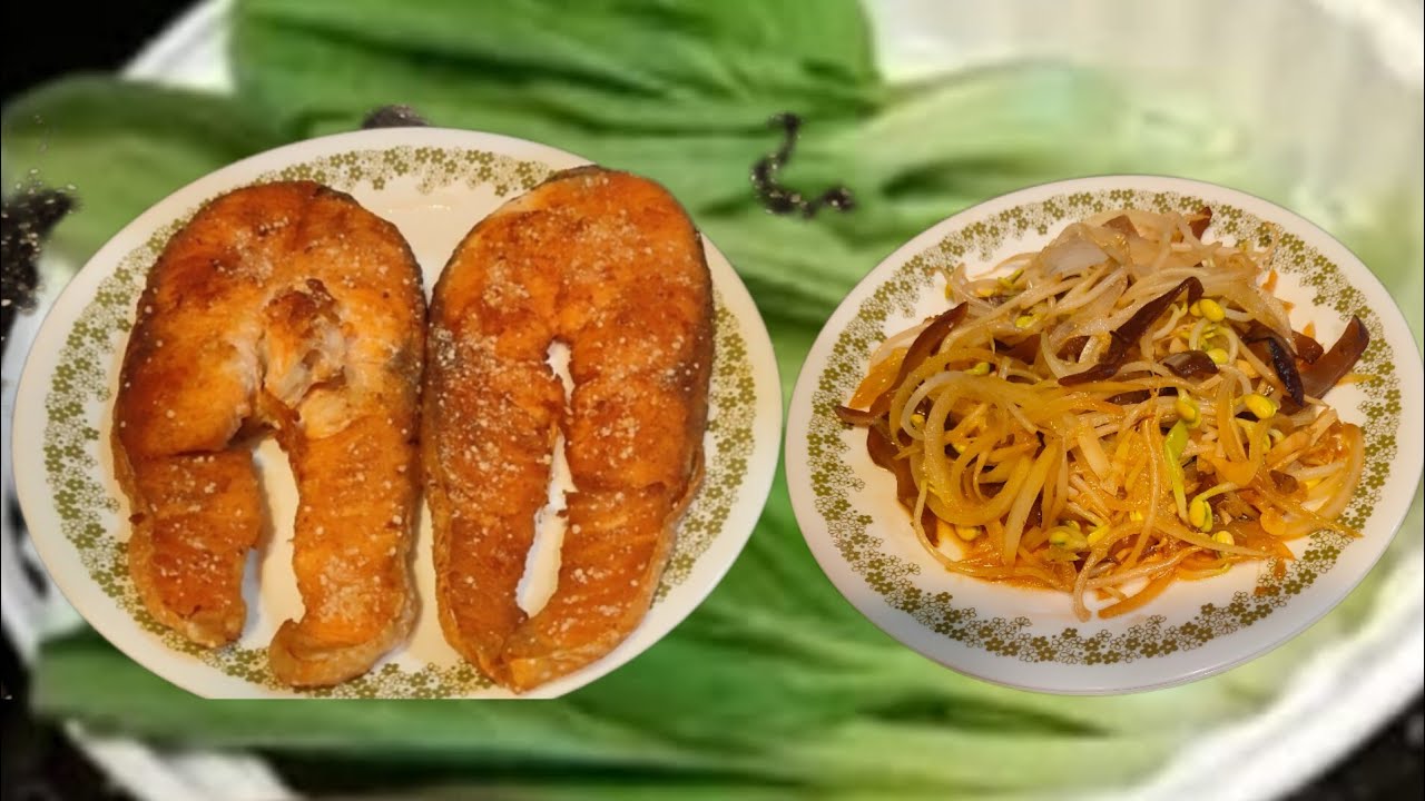 tumis kecambah kedelai goreng ikan salmon & kulup an sayur pucuk labu siam,menu rumahan
