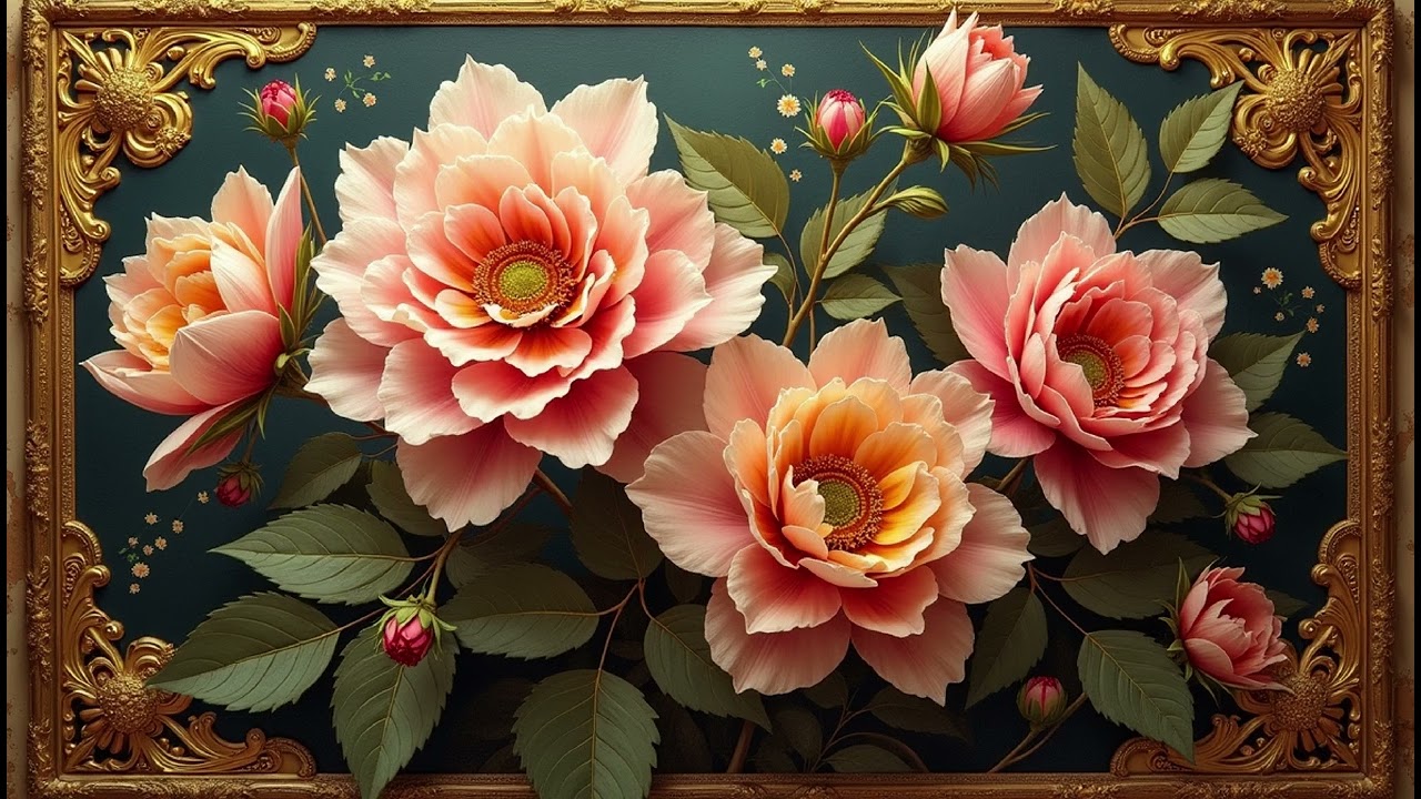 4K Floral Art Screensaver For Your Tv Elegant Rose Garden 🌸 Gold Framed Art Screensaver 🌹 Wallpaper